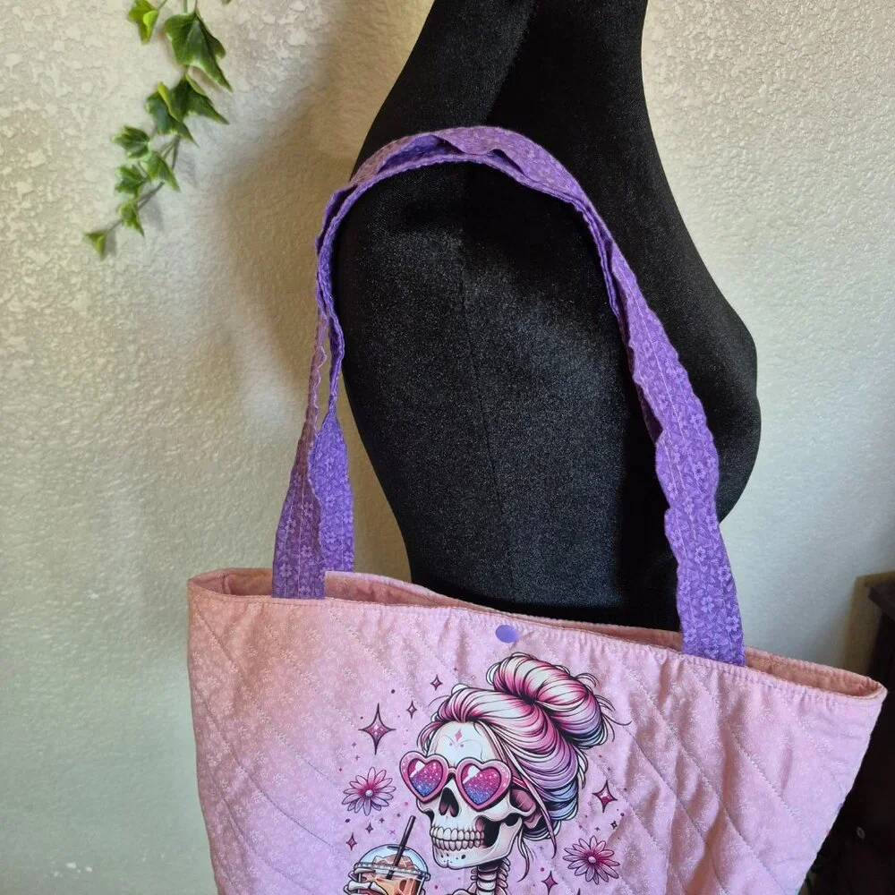 Cool Mums Club Quilted Tote -‎ Skull with Heart Glasses & Coffee - Handcrafted